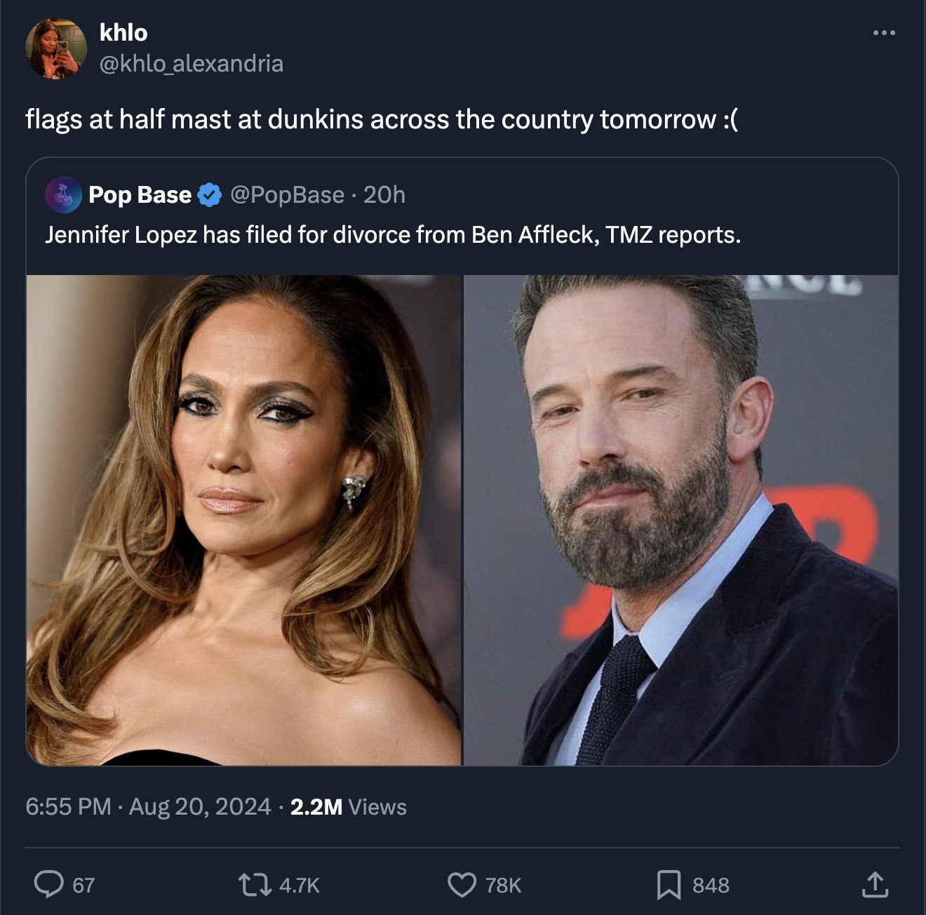 jennifer lopez - khlo flags at half mast at dunkins across the country tomorrow Pop Base PopBase 20h Jennifer Lopez has filed for divorce from Ben Affleck, Tmz reports. 2.2M Views 67 848